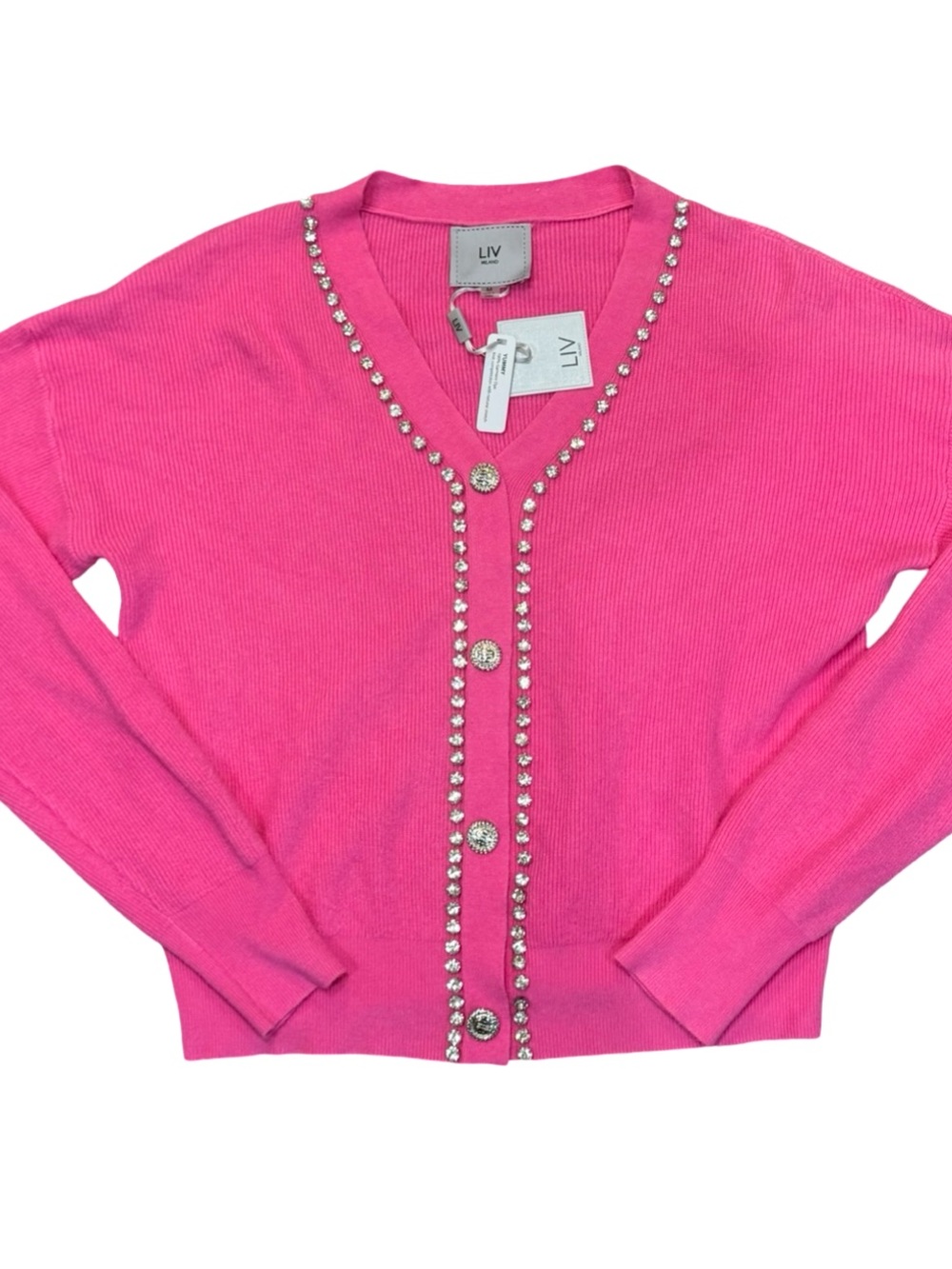 Milano Hot Pink V-Neck Crystal-Trim Bling Embellished Cardigan Sweater